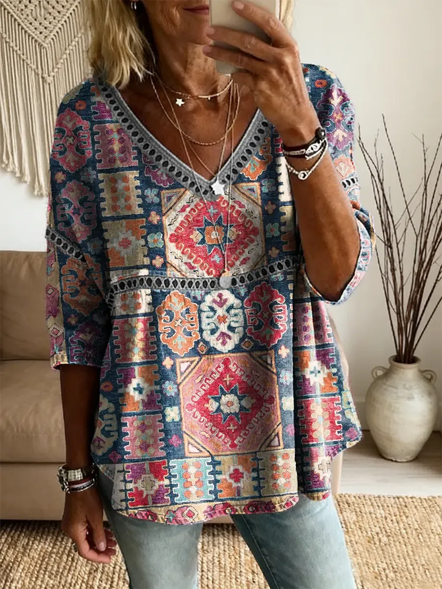 Ethnicity Geometry Totem Women's Vintage Art Print Casual V Neck Cutout Top