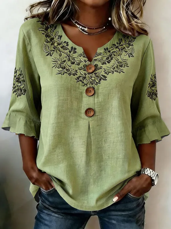 Women Casual Floral Summer Polyester Micro-Elasticity Commuting Half Sleeve Regular H-Line Blouses