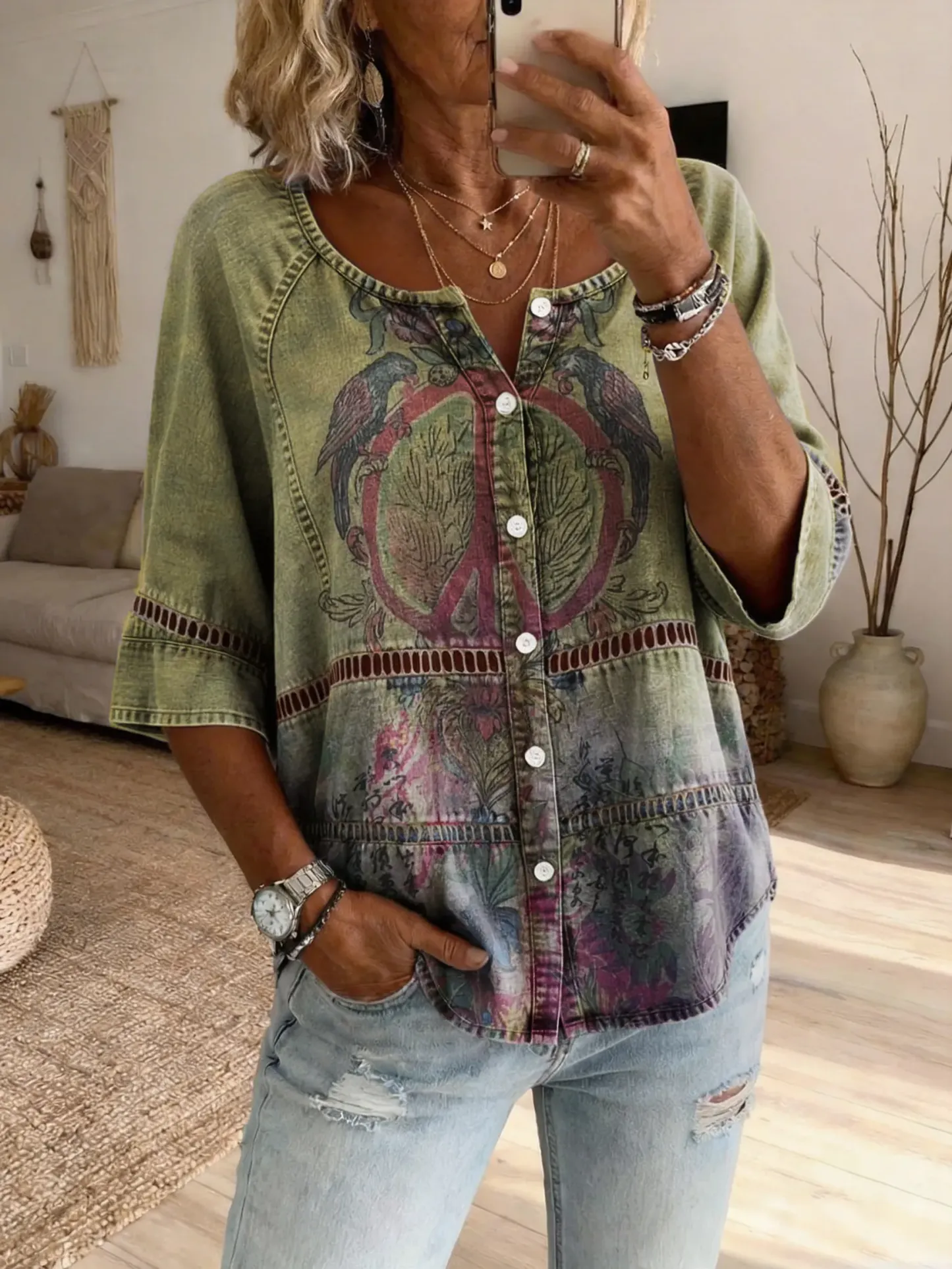 Women's Retro Hippie Art Print Casual Cutout Top