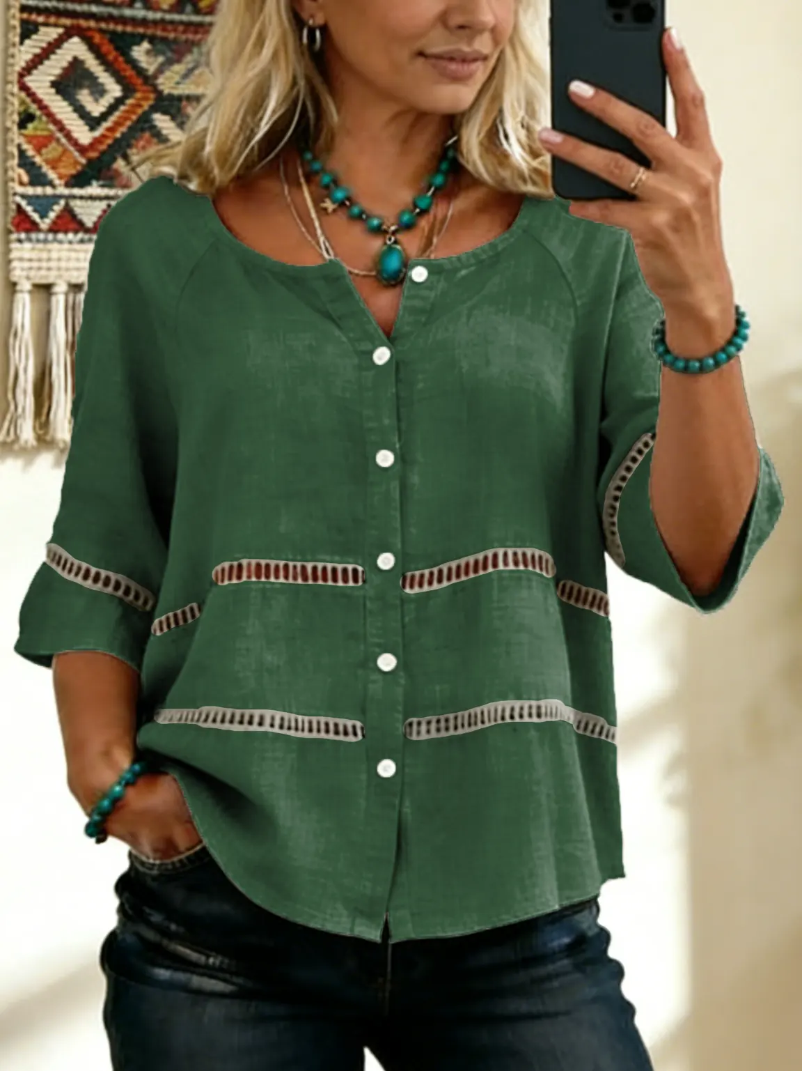 Women's Tie-front Button-up Cotton-linen Blend Short-sleeve Shirt