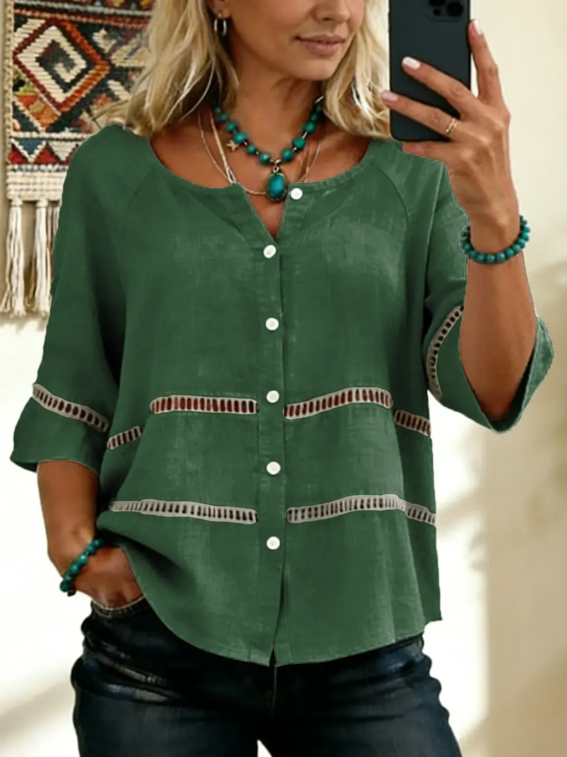 Women's Tie-front Button-up Cotton-linen Blend Short-sleeve Shirt