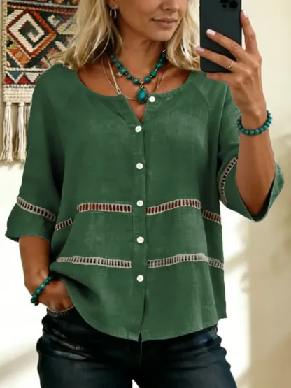 Women's Tie-front Button-up Cotton-linen Blend Short-sleeve Shirt