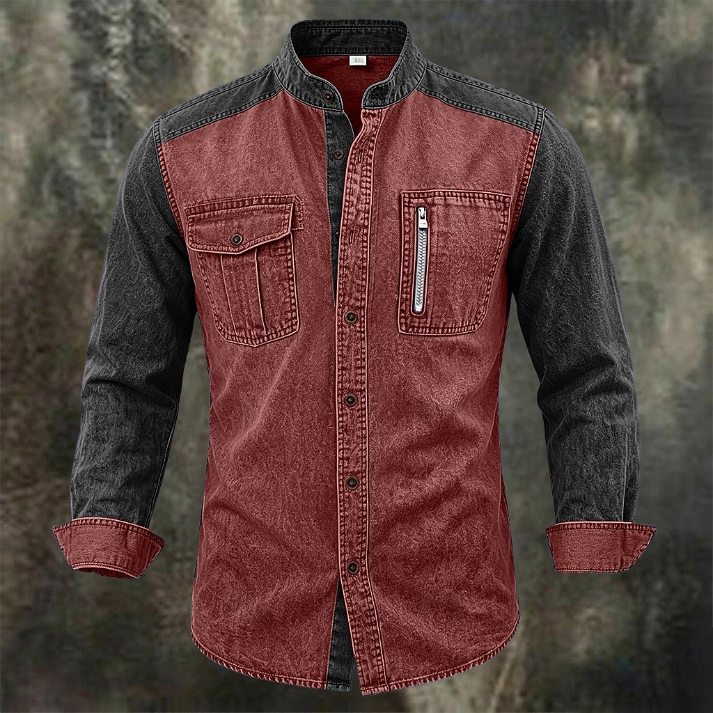 Men Shirt Garment Dyed Acid Wash Shirt Blue Wine Green khaki Long Sleeve Plain Mandarin Collar Casual Daily Pocket Clothing Apparel Elegant Vintage Fashion Casual 2026 - $35.99 –P10