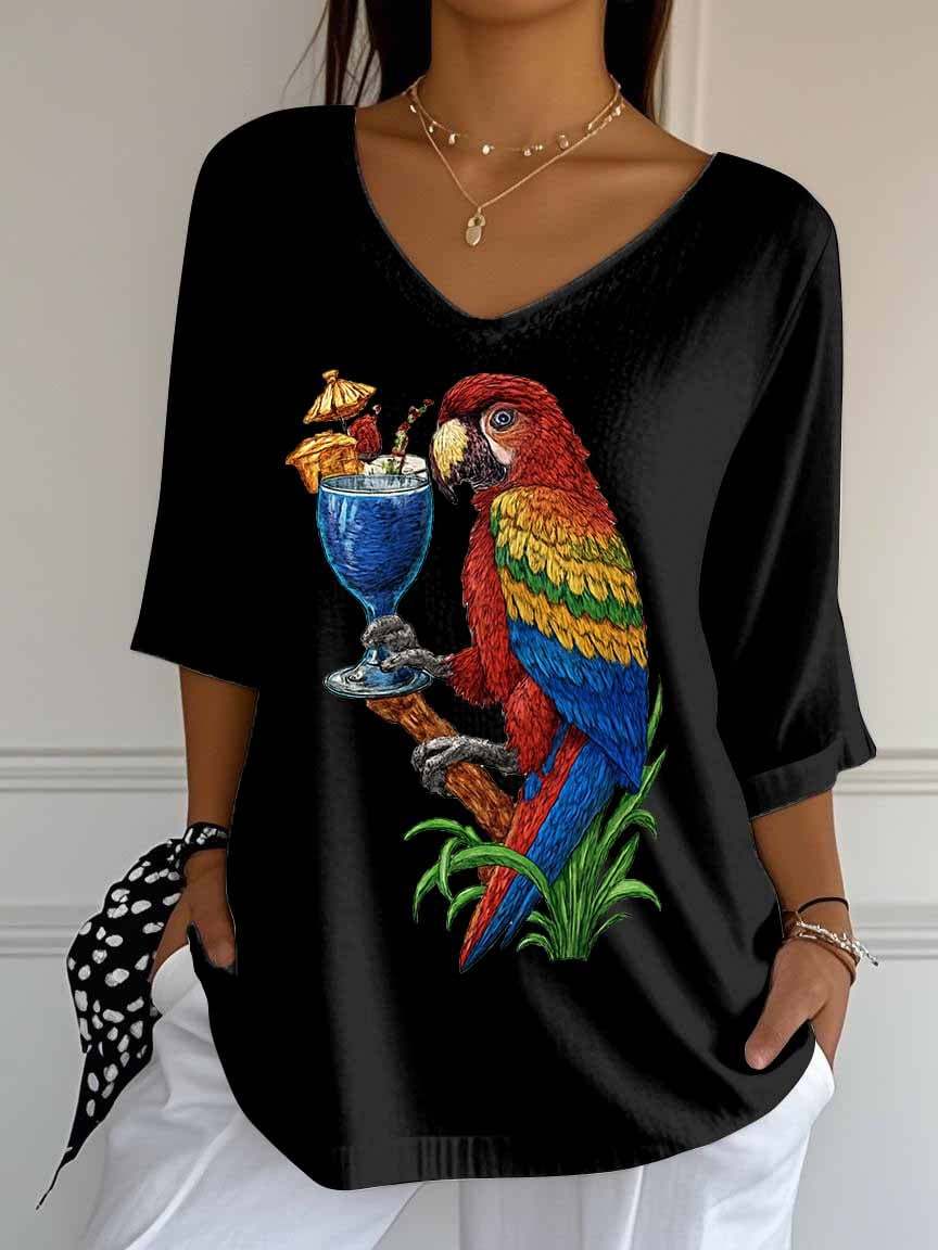 Women's Retro Parrot Margarita Print Mid Sleeve T-Shirt