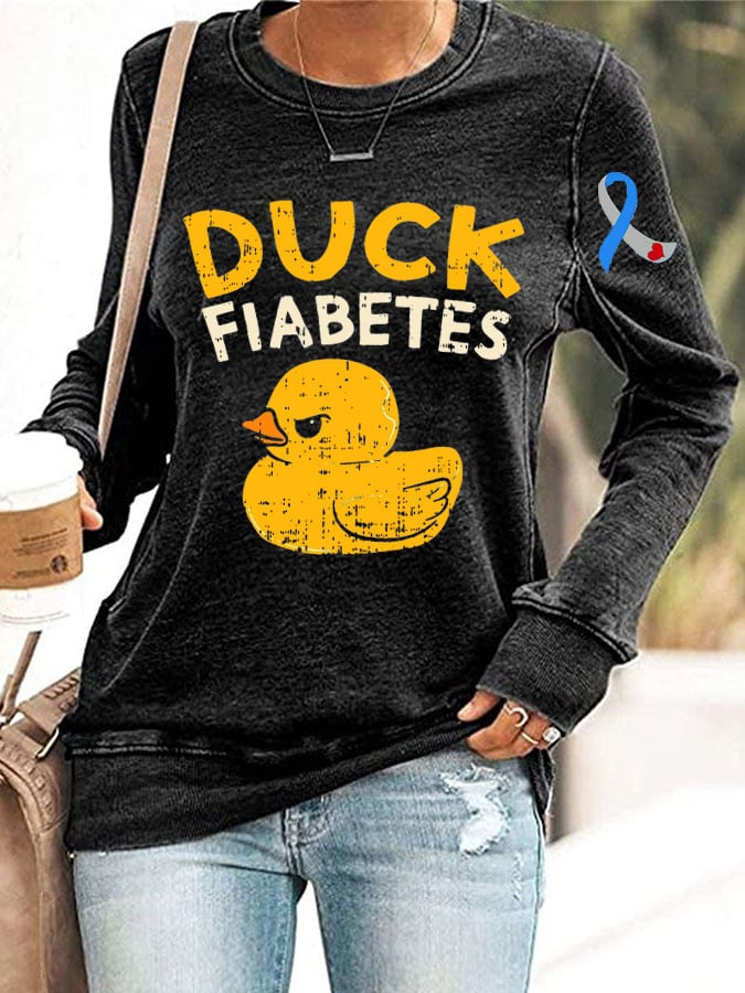 Women's Funny Diabetes Awareness I Duck Fiabetes I Cool Rubber Duck Print Long Sleeve Sweatshirt