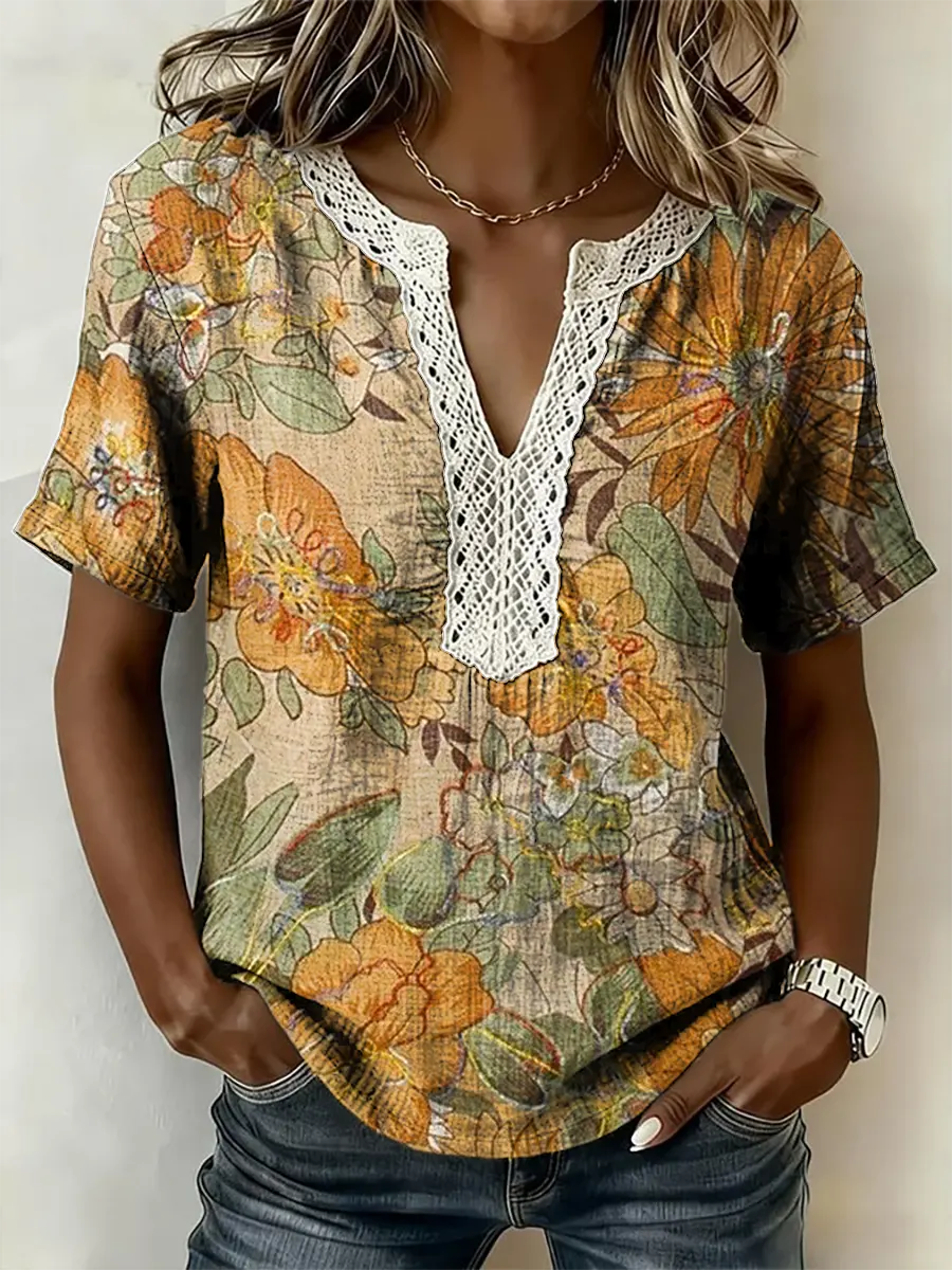Women's Retro Floral Print Short-Sleeve Lace-Trimmed V-Neck Shirt