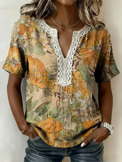 Women's Retro Floral Print Short-Sleeve Lace-Trimmed V-Neck Shirt