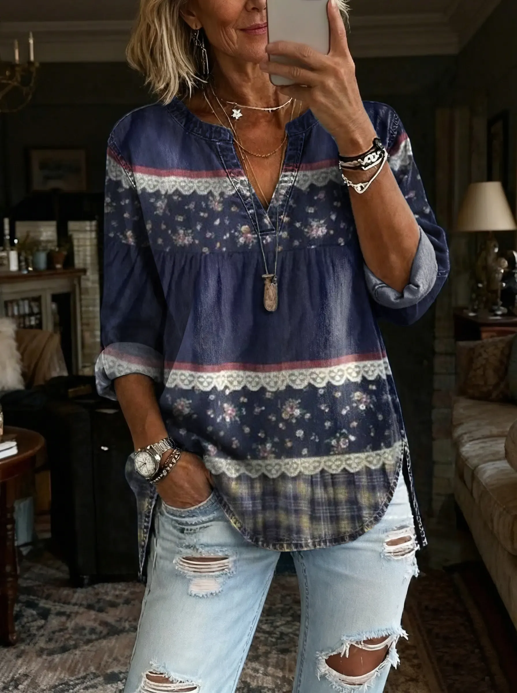 Women's Vintage Floral Plaid Art Print Casual Long-Sleeve V-Neck Washed Cotton Denim Top