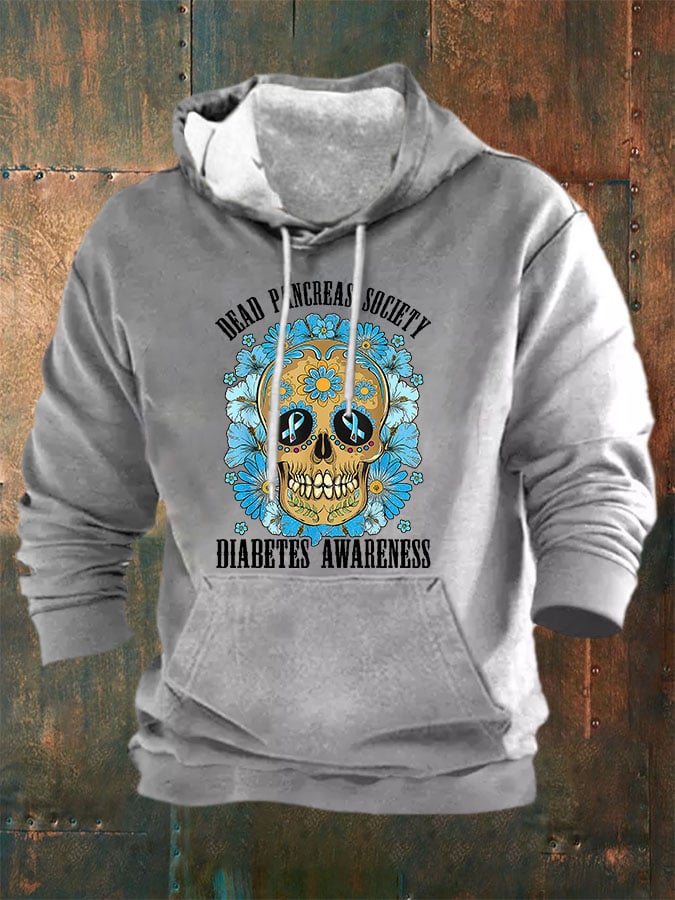 Men's Casual Diabetes Awareness Dead Pancreas Society Print Long Sleeve Hooded Sweatshirt