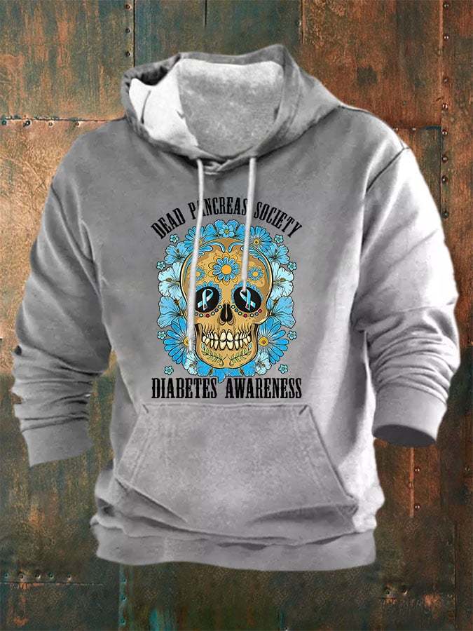 Men's Casual Diabetes Awareness Dead Pancreas Society Print Long Sleeve Hooded Sweatshirt