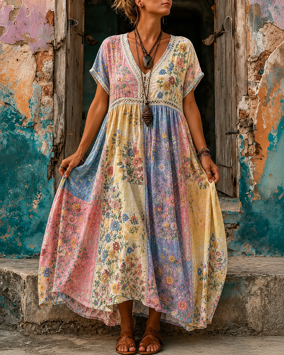 Women's Vacation Linen Boho Floral Print V-Neck Short Sleeve Maxi Dress