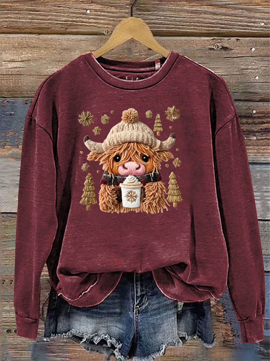 Women's Christmas Cow Knitting Crochet Pattern Neck Sweatshirt