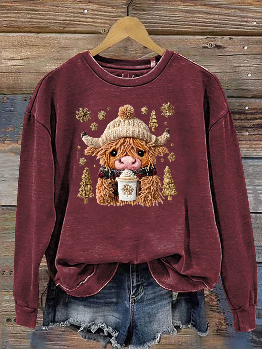 Women's Christmas Cow Knitting Crochet Pattern Neck Sweatshirt