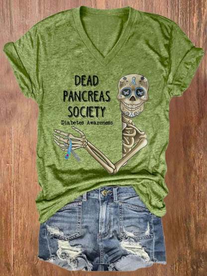 V-neck Diabetes Awareness Dead Pancreas Society Print T-Shirt