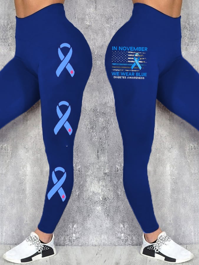Women's Diabetes Awareness American Flag Blue Ribbon Print Leggings
