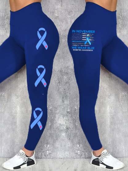 Women's Diabetes Awareness American Flag Blue Ribbon Print Leggings