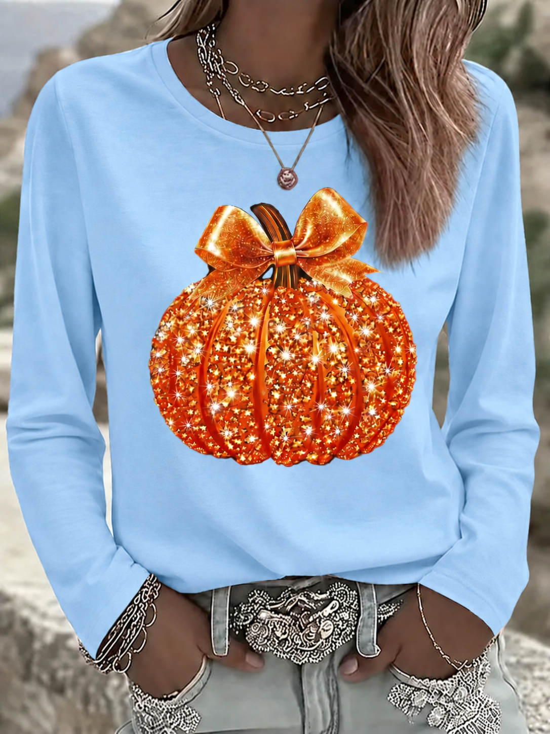 Halloween Women's T shirt Pumpkin Graphic Skull Vintage  Long Sleeve T-shirt