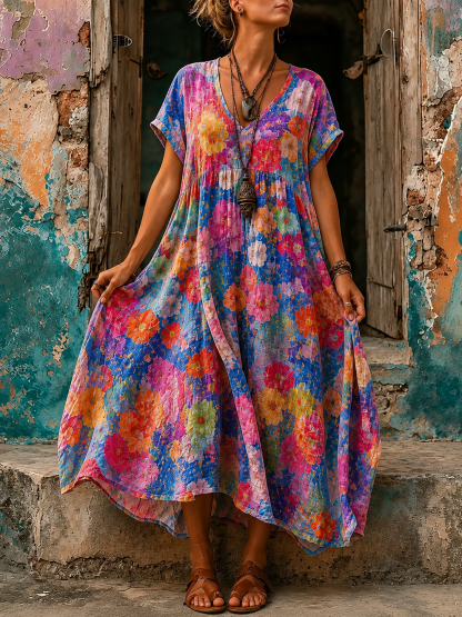Women's Vacation Linen Boho Floral Print V-Neck Short Sleeve Maxi Dress