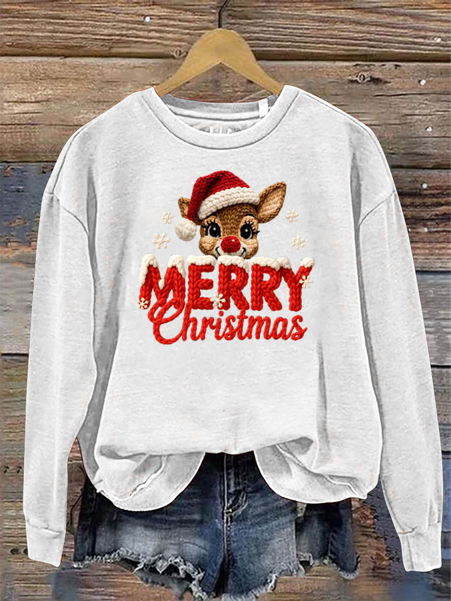 Women's Merry Christmas And Elk Knitting Crochet Pattern Neck Sweatshirt