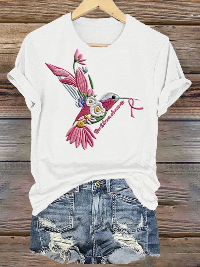 Women's Bird Holding Ribbon Faux Embroidery Print Fitness Casual Top