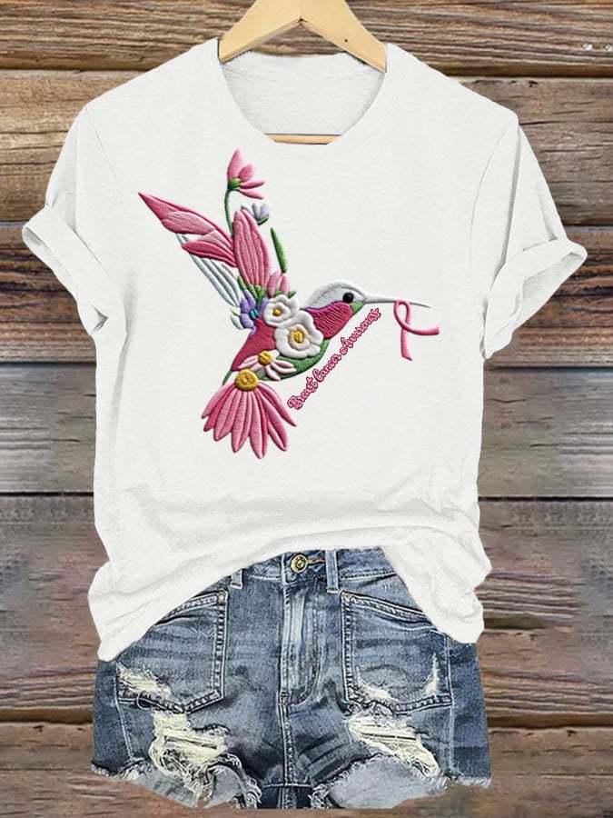 Women's Bird Holding Ribbon Faux Embroidery Print Fitness Casual Top