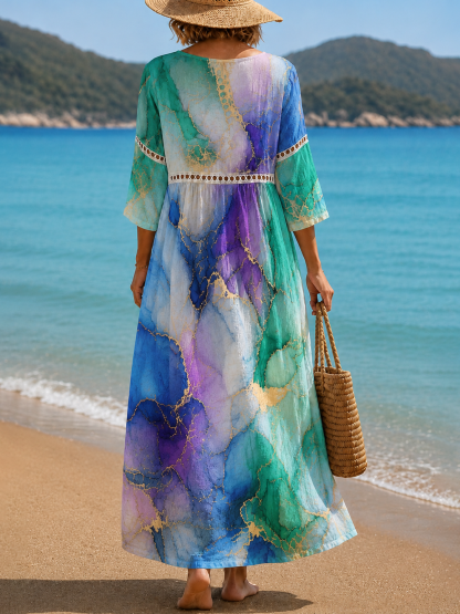 Women's Vacation Linen Boho Floral Print V-Neck Short Sleeve Maxi Dress