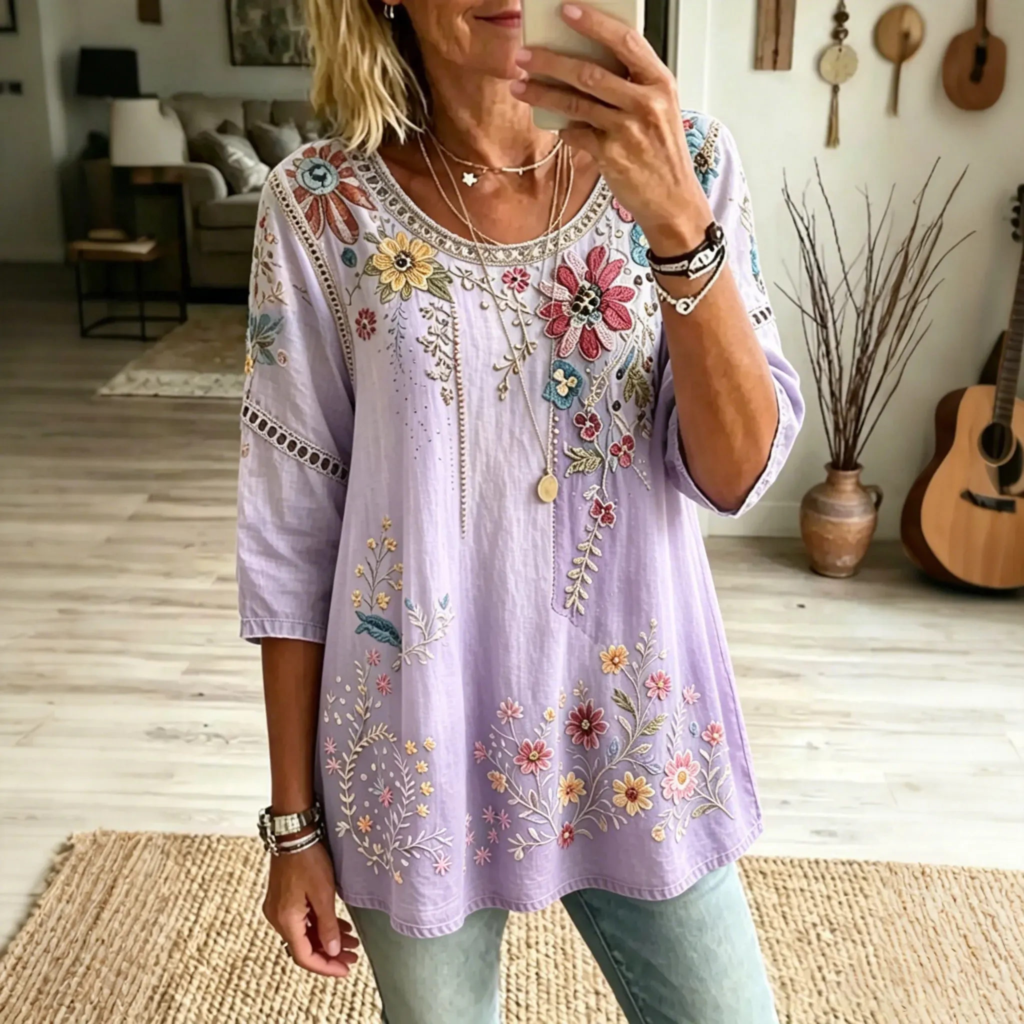 Women's Floral Embroidered Linen Blouse