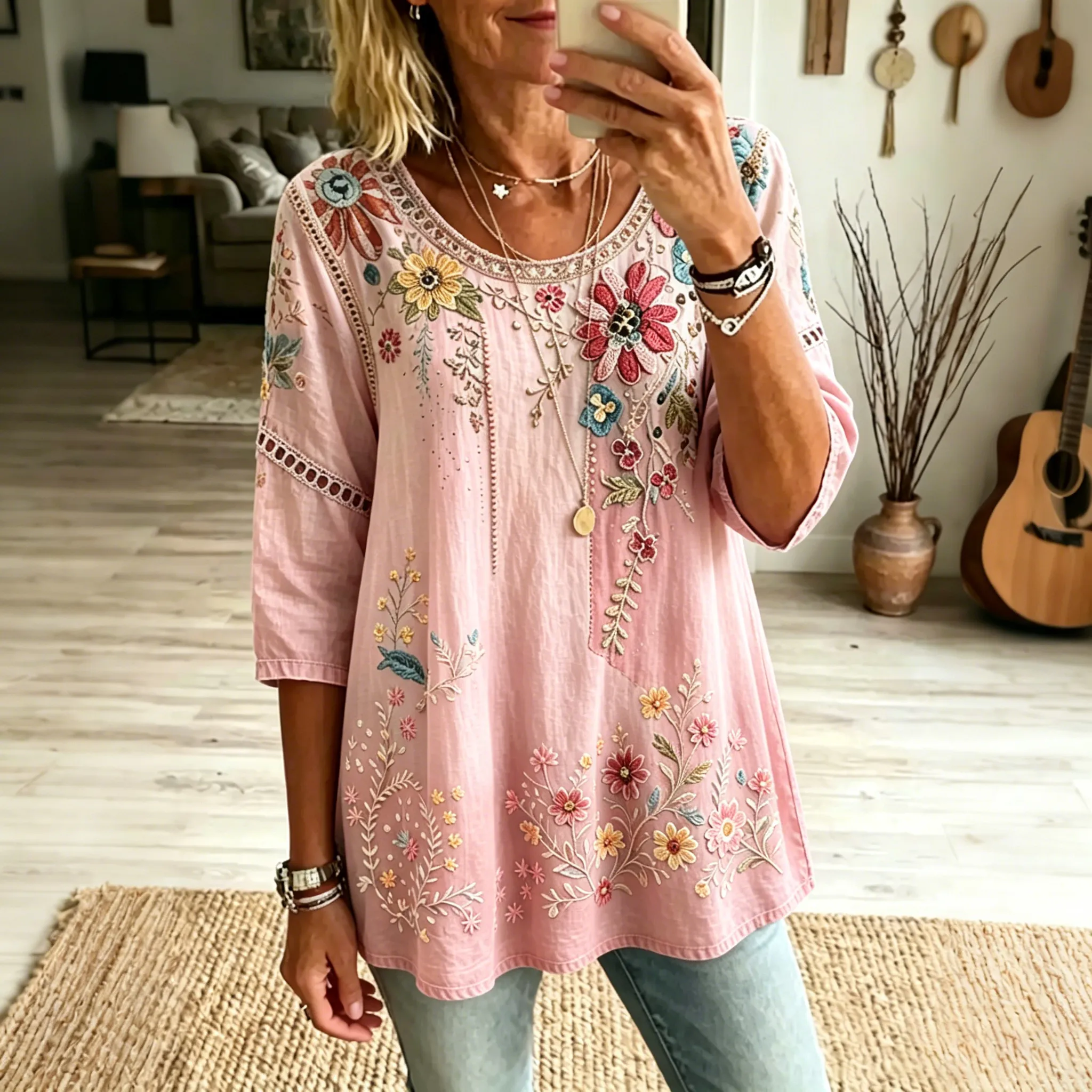 Women's Floral Embroidered Linen Blouse