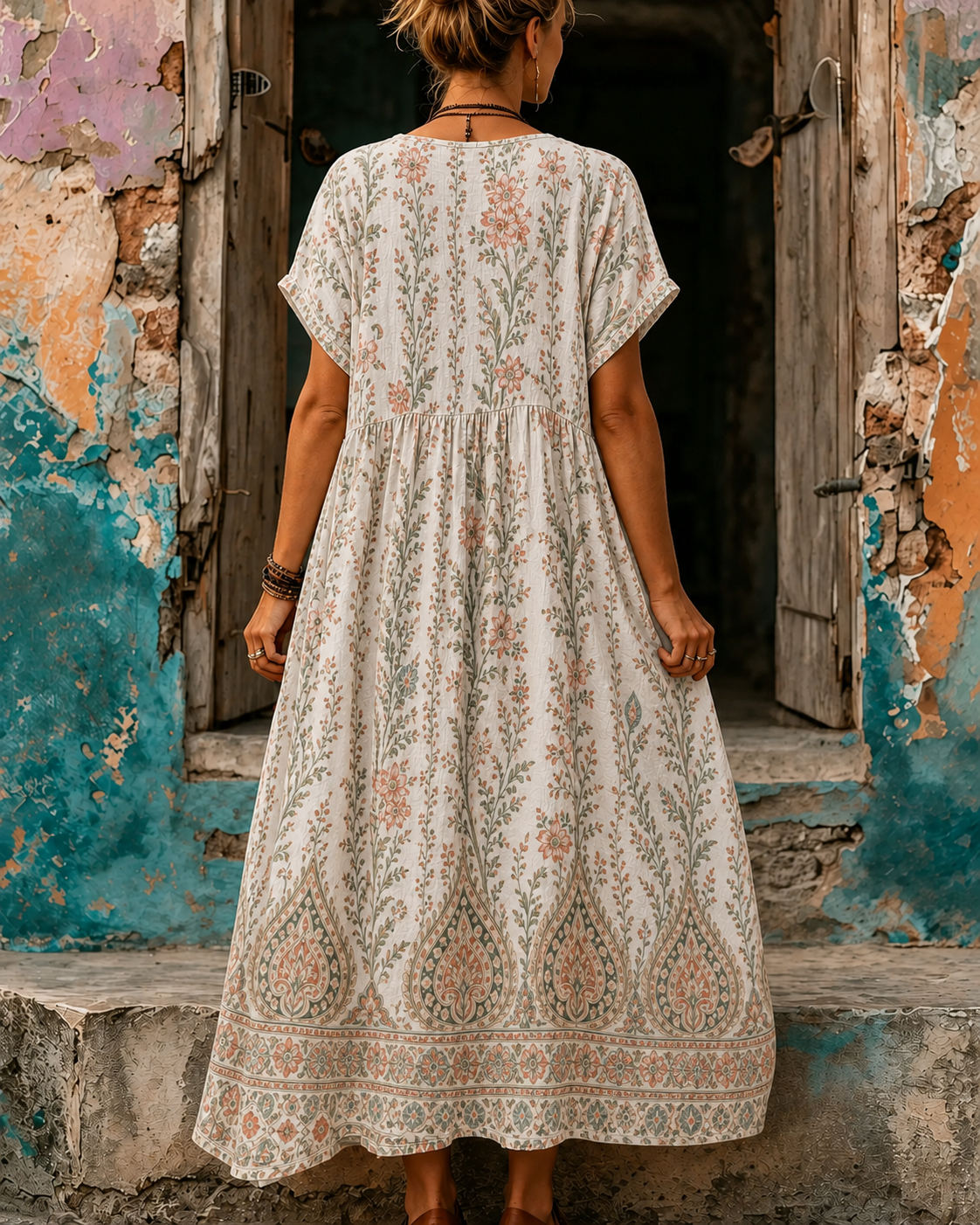 Women's Vacation Linen Retro Boho Floral Print V-Neck Short Sleeve Maxi Dress