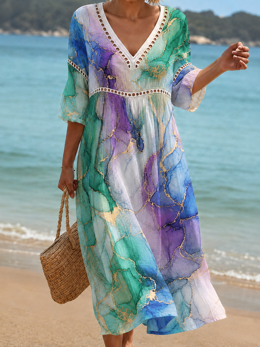 Women's Vacation Linen Boho Floral Print V-Neck Short Sleeve Maxi Dress