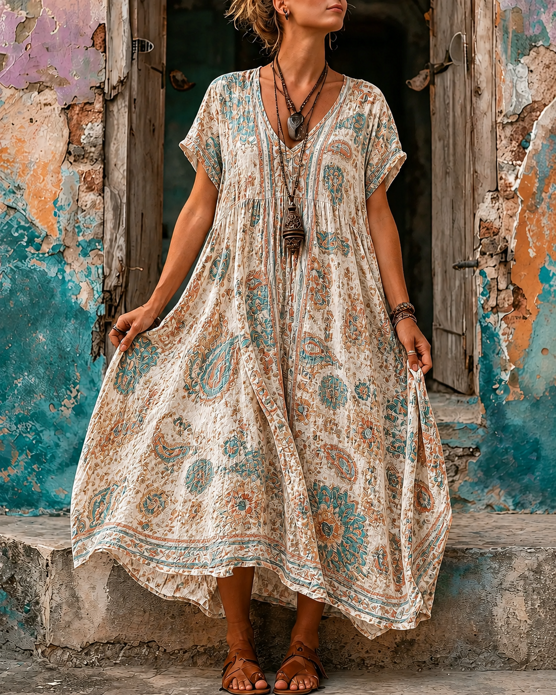 Women's Vacation Linen Boho Floral Print V-Neck Short Sleeve Maxi Dress