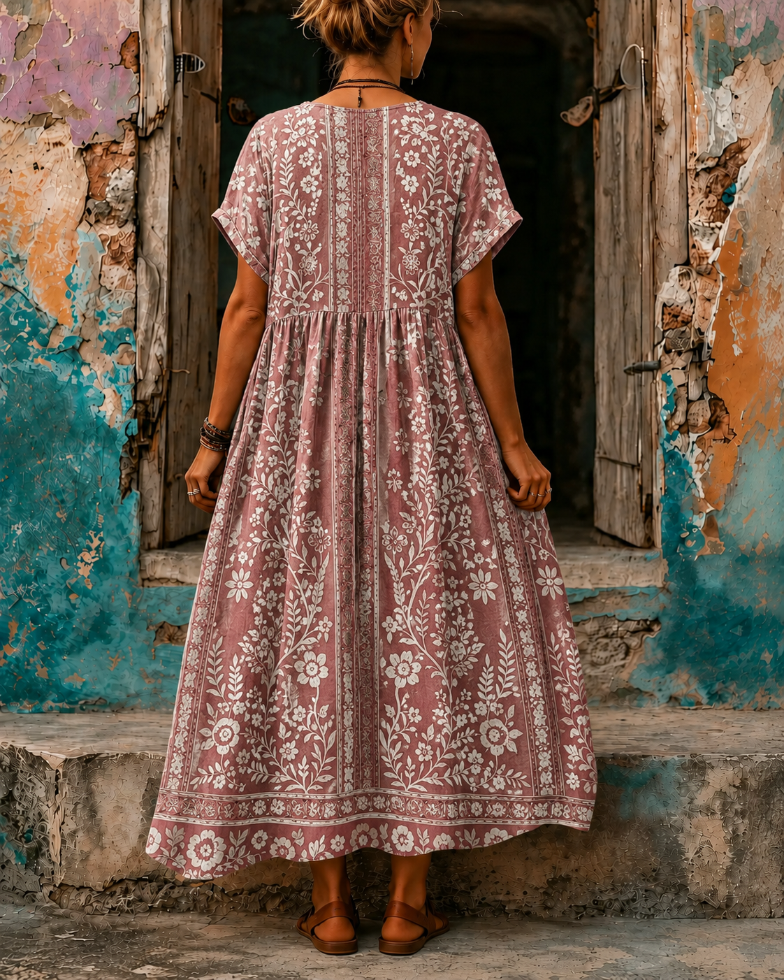 Women's Vacation Linen Boho Floral Print V-Neck Short Sleeve Maxi Dress