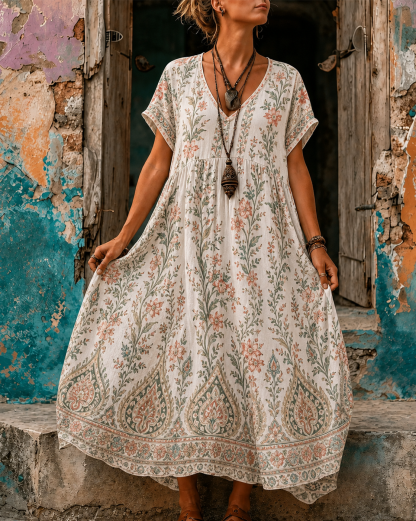 Women's Vacation Linen Retro Boho Floral Print V-Neck Short Sleeve Maxi Dress