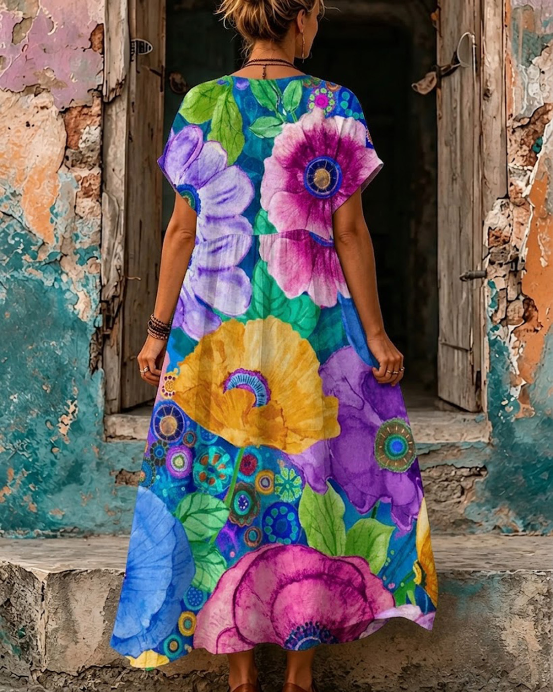 Women's Dreamy And Mystical Floral Print V-Neck Short Sleeve Maxi Dress