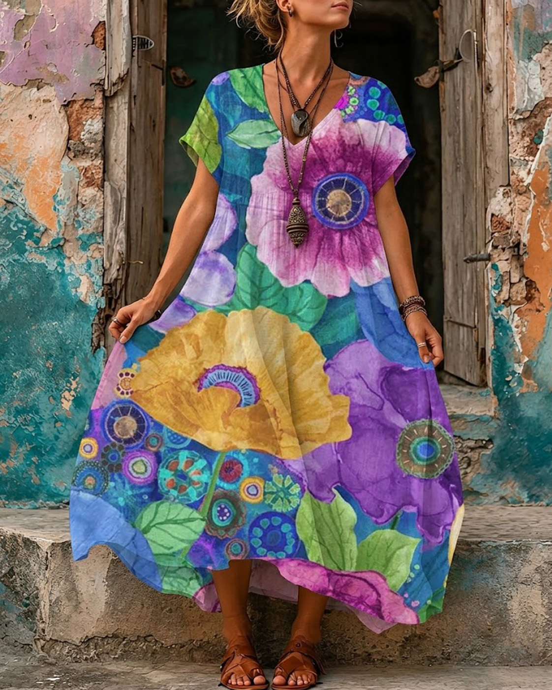 Women's Dreamy And Mystical Floral Print V-Neck Short Sleeve Maxi Dress