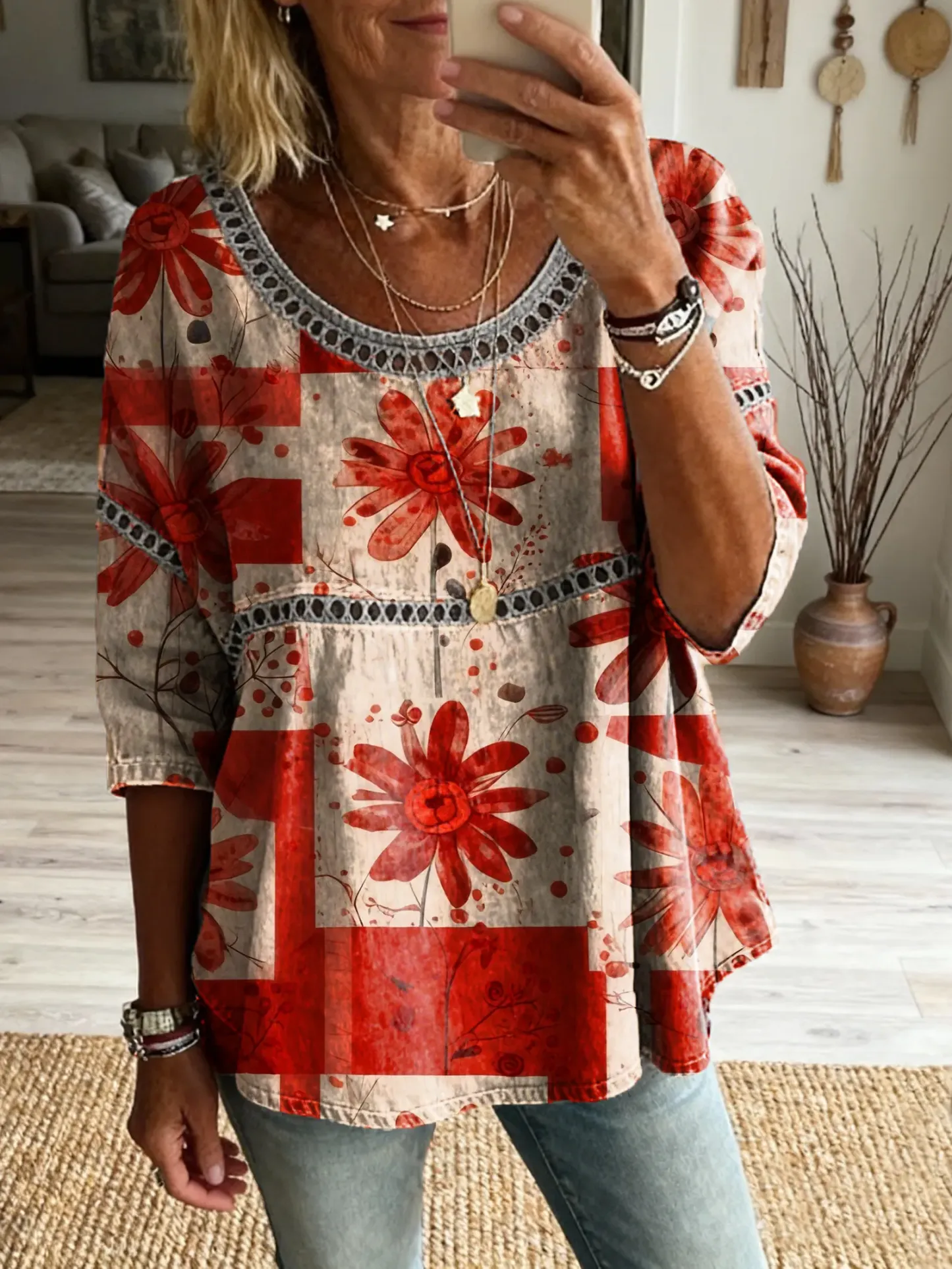 Women's Bohemian Vintage Floral Art Print Casual Round Neck Cutout Top