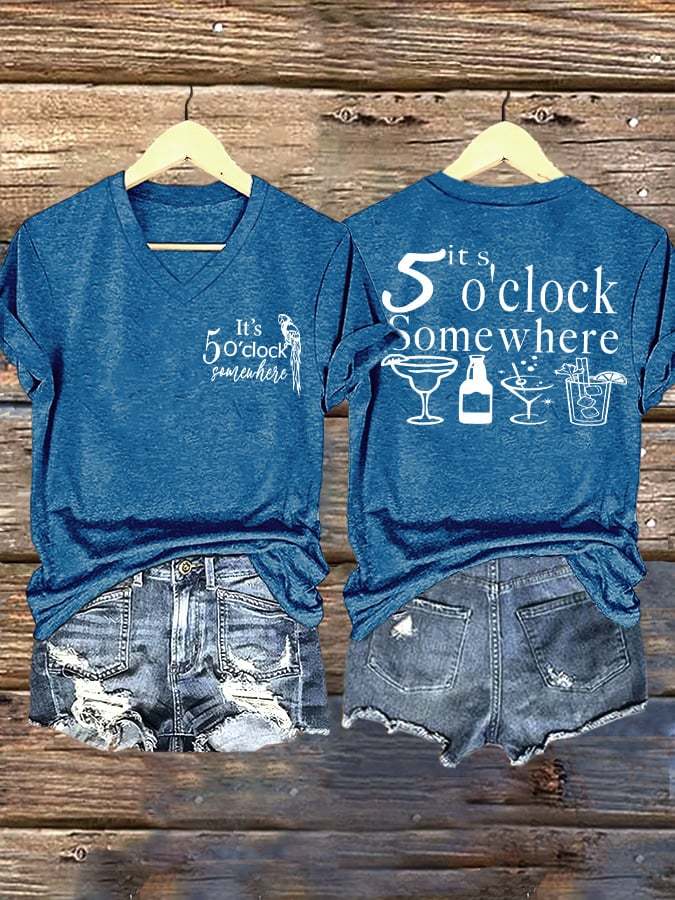 V Neck Retro 5 O'clock Print T-Shirt