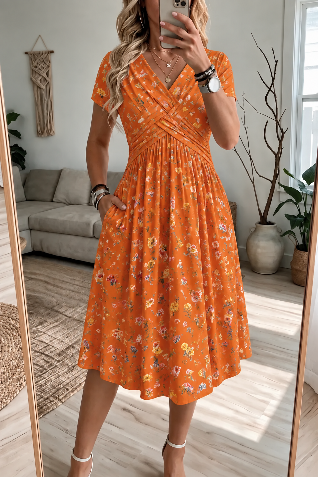 Women's V-Neck Floral Print Dress with Twist Waist