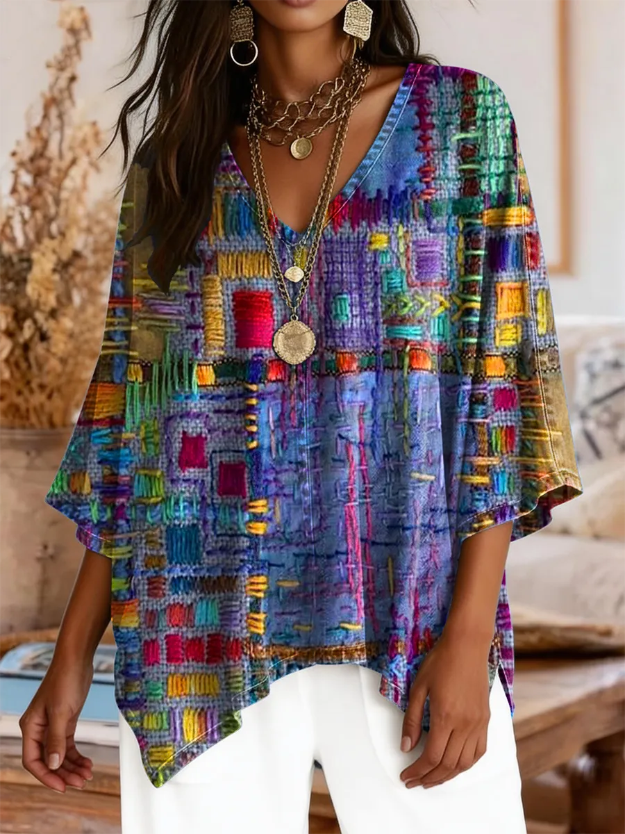 Women's Retro Colorful Art Print Casual V-neck Top