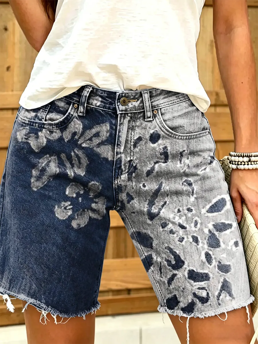 Women's Retro Floral Patchwork Art Print Distressed Denim Bermuda Shorts