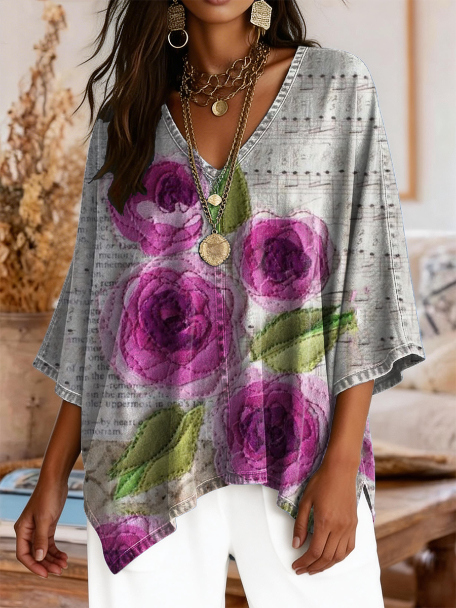 Women's Retro Floral Art Print Casual V-neck Top