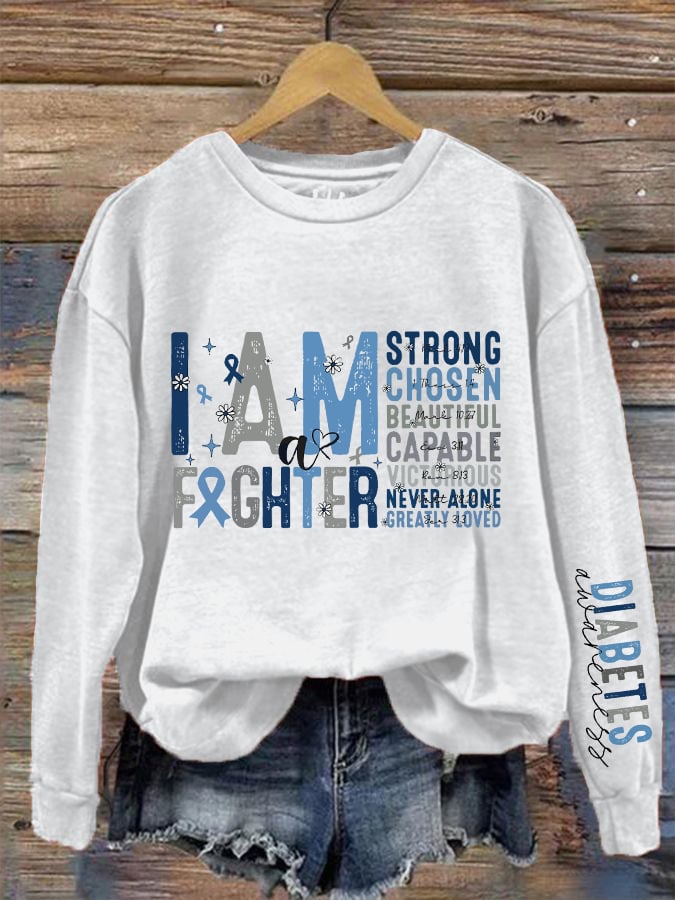 Women's I Am A Fighter Diabetes Awareness Print Crew Neck Sweatshirt