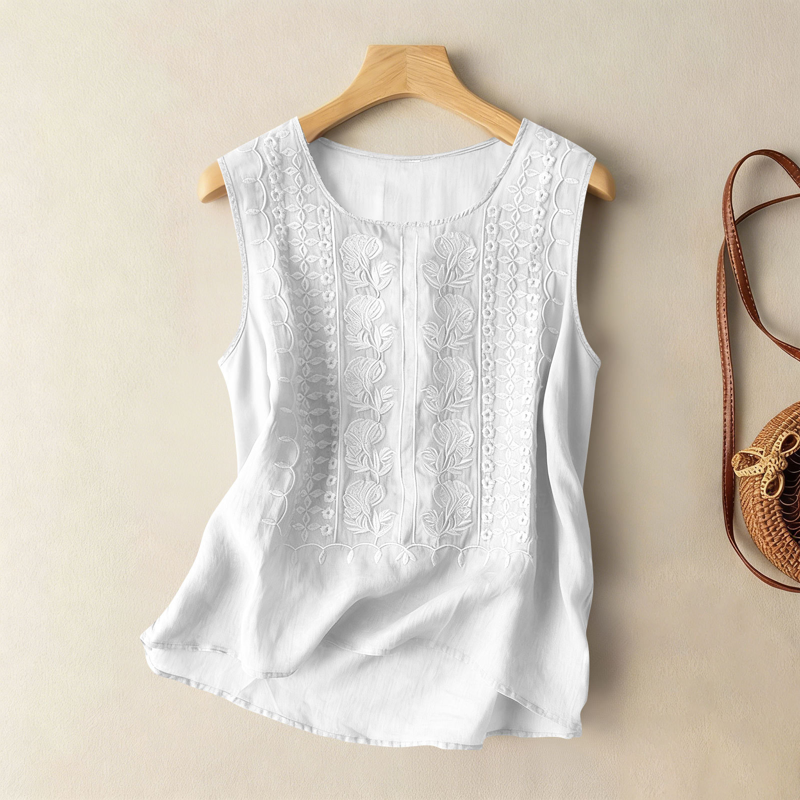 Women's Cotton and Linen Round Neck Embroidered Tank Tops