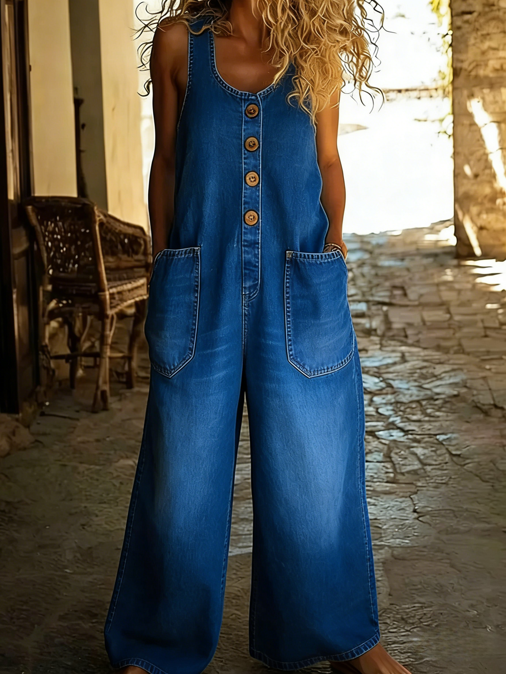 Women's Sleeveless Washed Cotton Denim Jumpsuit