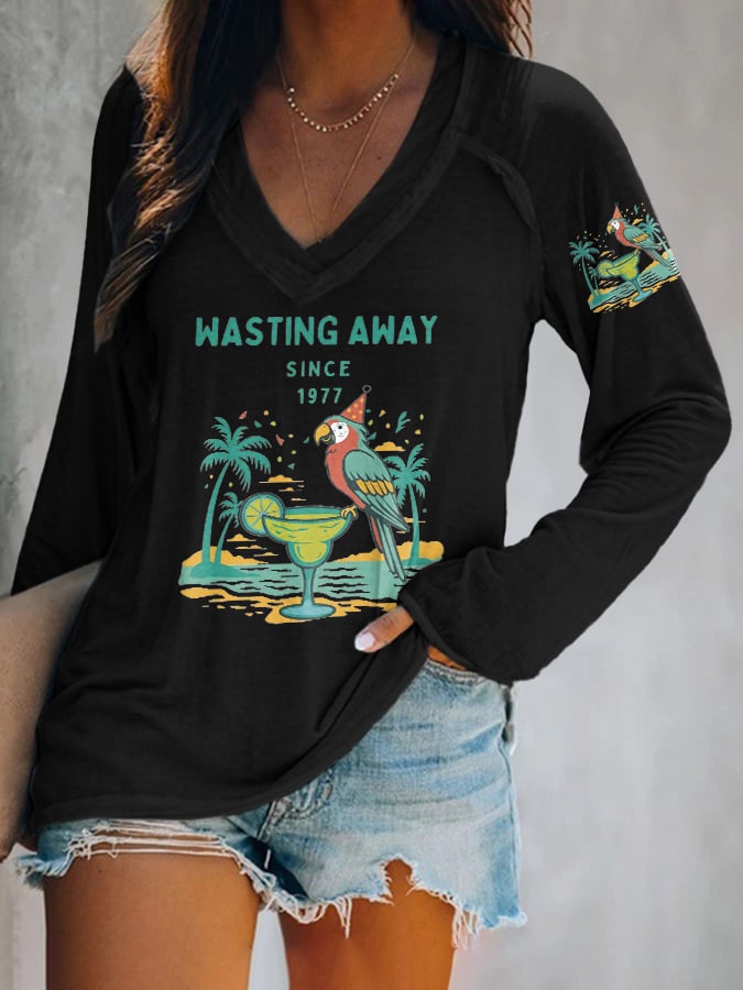 V-neck Retro Parrot Margarita Wasting Away Since 1977 Print T-Shirt