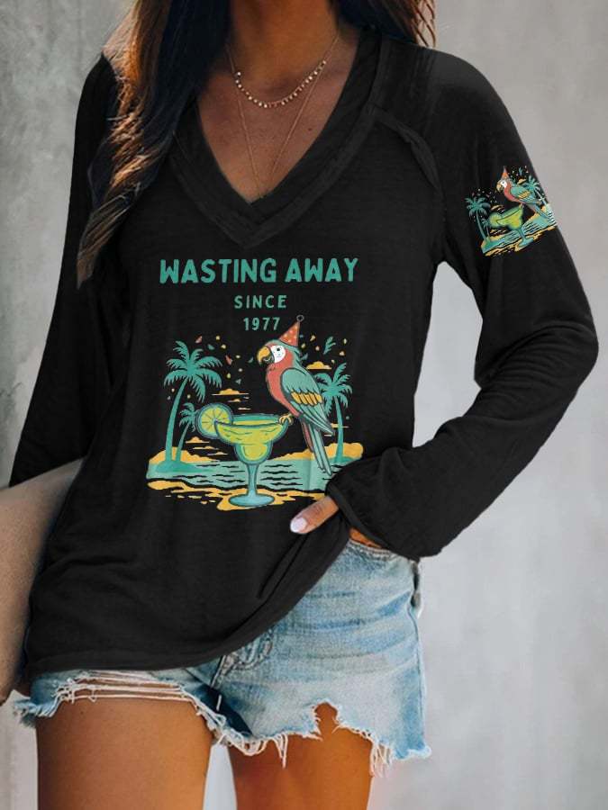 V-neck Retro Parrot Margarita Wasting Away Since 1977 Print T-Shirt