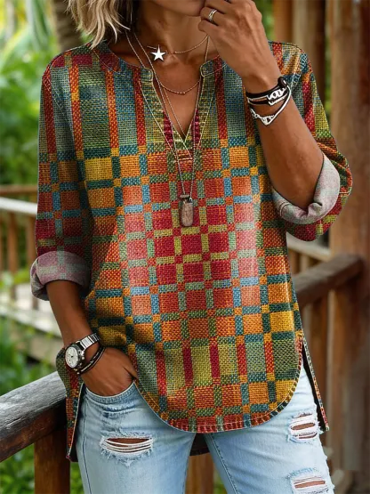 Women's Retro Colorful Plaid Art Print Long-sleeve V-neck Shirt
