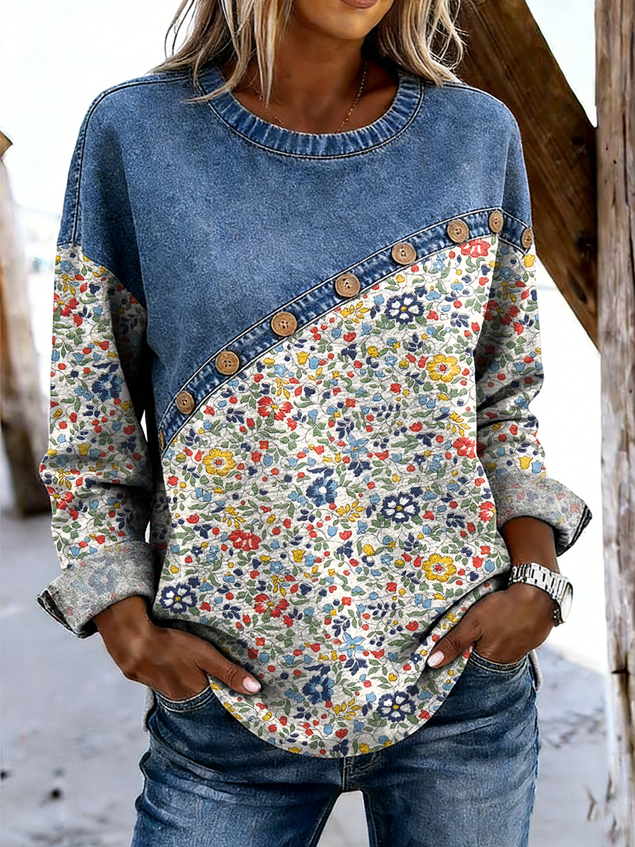 Women's Retro Floral Art Print Casual Long-sleeved Round Neck Denim Patchwork Top