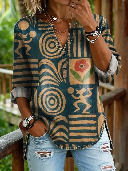 Women's Bohemian Totem Art Print Casual V-Neck Washed Cotton Denim Shirt
