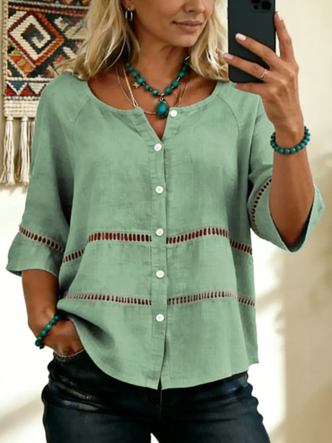 Women's Tie-front Button-up Cotton-linen Blend Short-sleeve Shirt